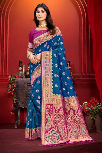 teal blue silk woven work traditional saree