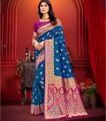 teal blue silk woven work traditional saree