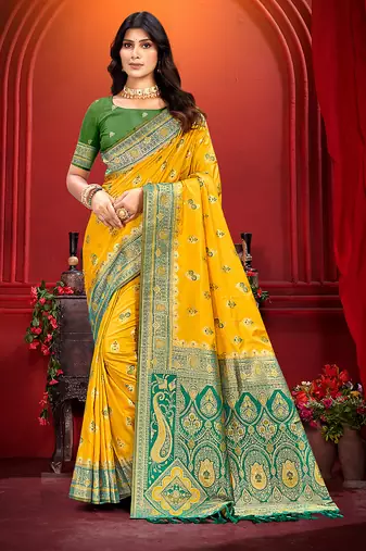 yellow silk woven work traditional saree