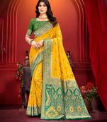 yellow silk woven work traditional saree