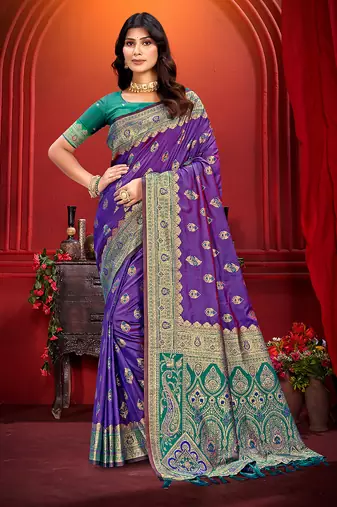 purple silk woven work traditional saree