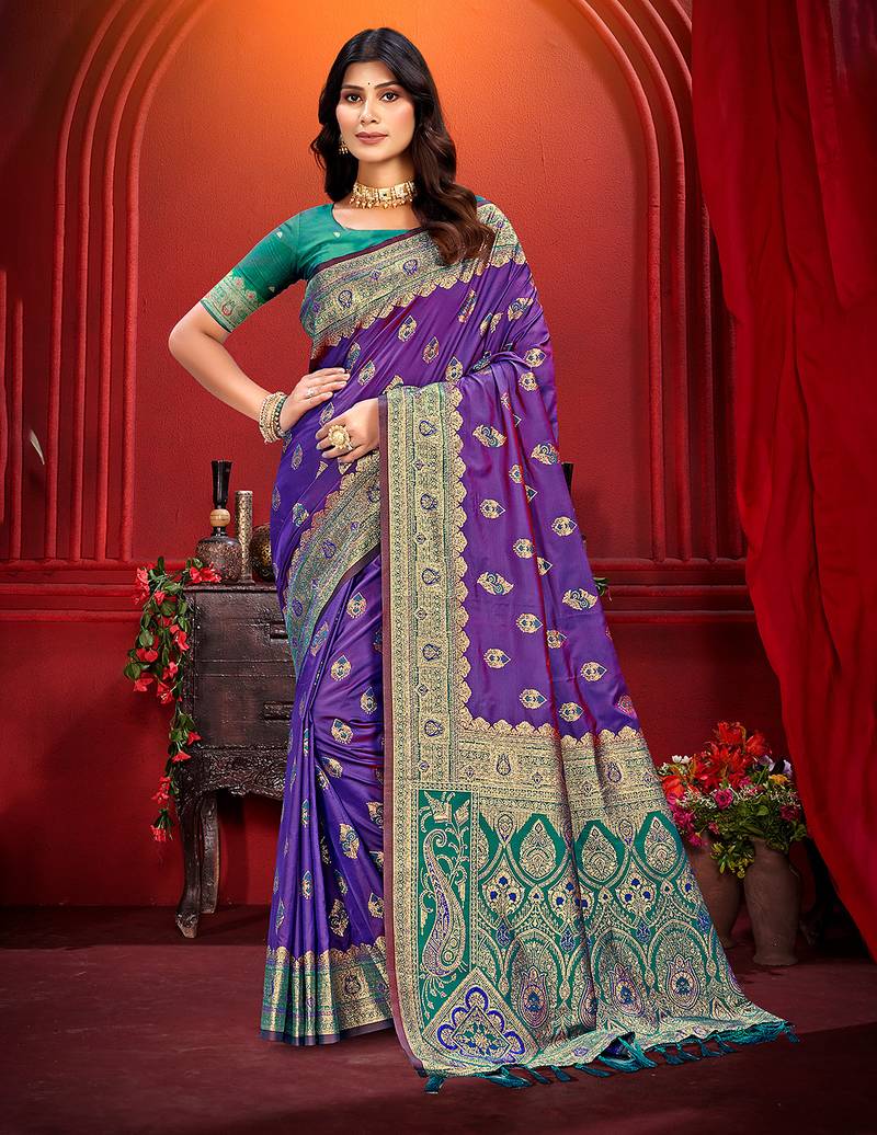 purple silk woven work traditional saree