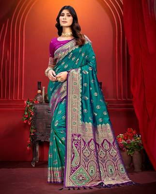 turquoise blue silk woven work traditional saree 1