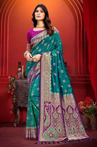turquoise blue silk woven work traditional saree