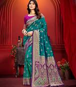 turquoise blue silk woven work traditional saree