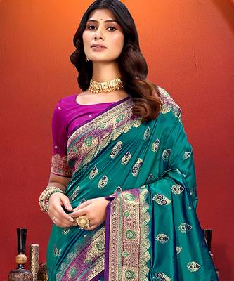 turquoise blue silk woven work traditional saree 2