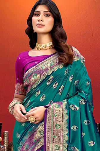 turquoise blue silk woven work traditional saree