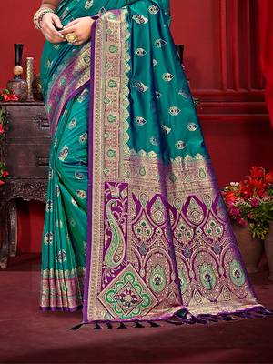 turquoise blue silk woven work traditional saree 3