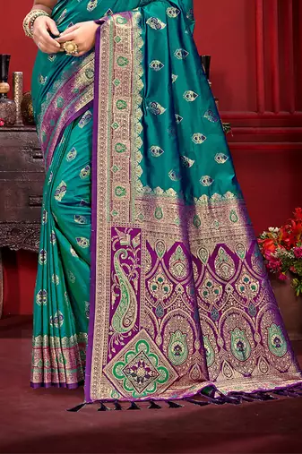 turquoise blue silk woven work traditional saree