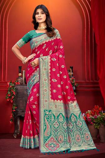 rani pink silk woven work traditional saree