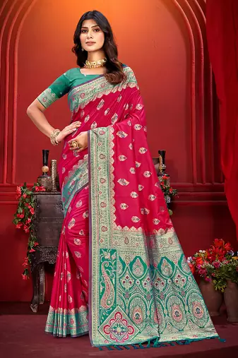 rani pink silk woven work traditional saree