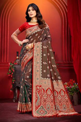 brown   silk woven work traditional saree