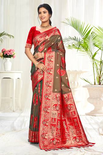 light brown silk woven work traditional saree