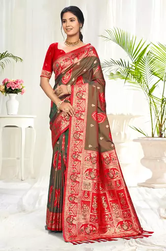 light brown silk woven work traditional saree