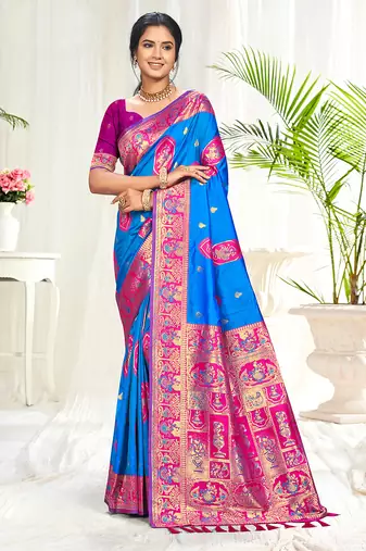 blue silk woven work traditional saree