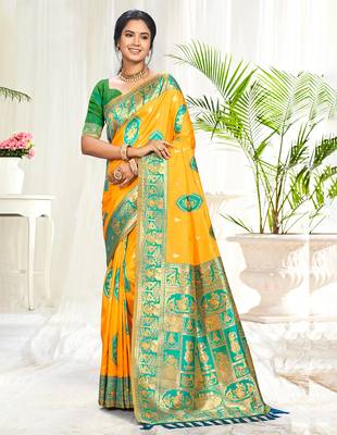 yellow silk woven work traditional saree 1