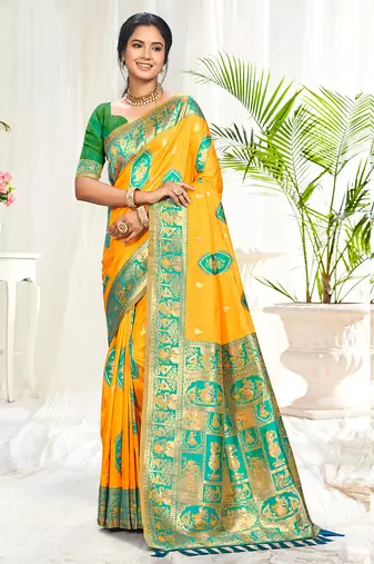 yellow silk woven work traditional saree