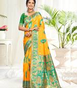 yellow silk woven work traditional saree