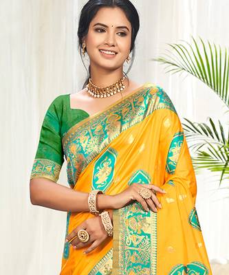 yellow silk woven work traditional saree 2