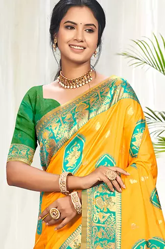 yellow silk woven work traditional saree