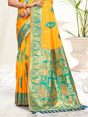 yellow silk woven work traditional saree 3