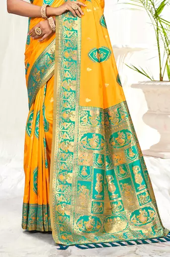 yellow silk woven work traditional saree