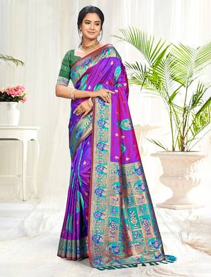 purple silk woven work traditional saree 1
