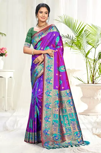 purple silk woven work traditional saree