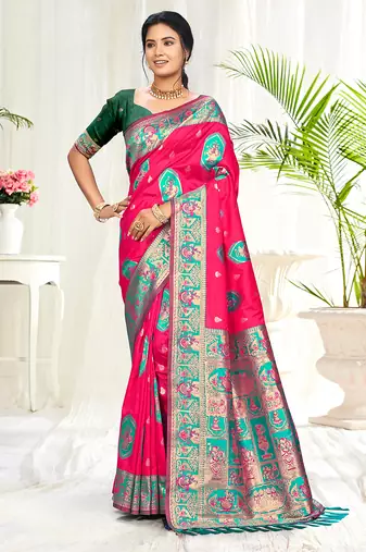 rani pink silk woven work traditional saree