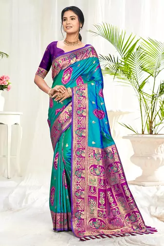 teal blue silk woven work traditional saree