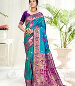 teal blue silk woven work traditional saree
