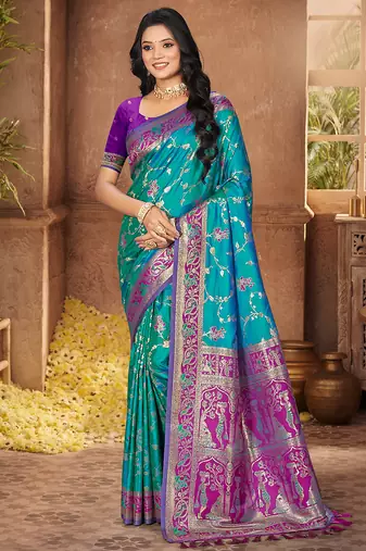 teal blue silk woven work traditional saree