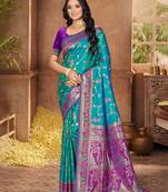 teal blue silk woven work traditional saree