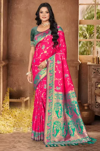 rani pink silk woven work traditional saree