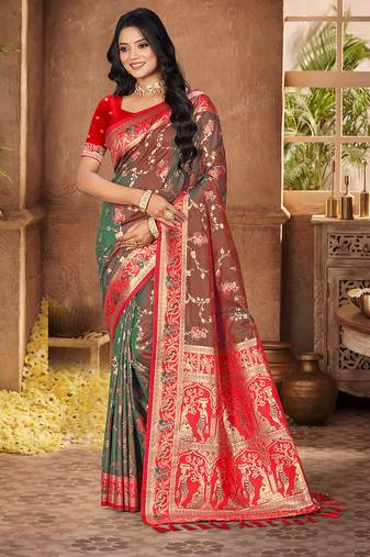 brown  silk woven work traditional saree