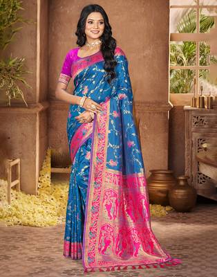 peacock blue silk woven work traditional saree 1
