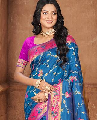 peacock blue silk woven work traditional saree 2