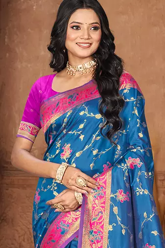 peacock blue silk woven work traditional saree