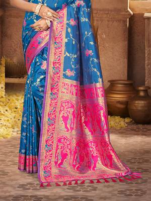 peacock blue silk woven work traditional saree 3