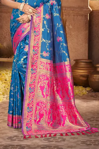 peacock blue silk woven work traditional saree