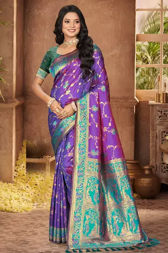 purple silk woven work traditional saree