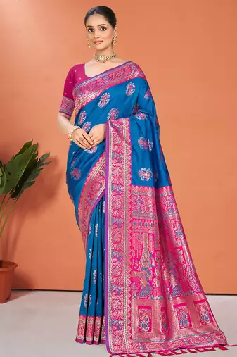 blue silk woven work traditional saree
