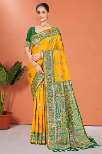 yellow silk woven work traditional saree