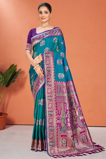 teal blue silk woven work traditional saree