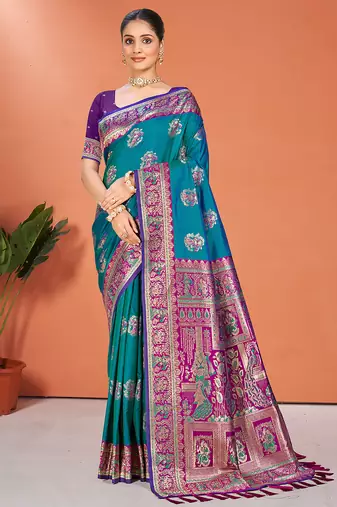 teal blue silk woven work traditional saree