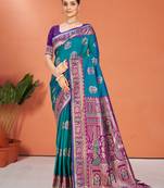 teal blue silk woven work traditional saree