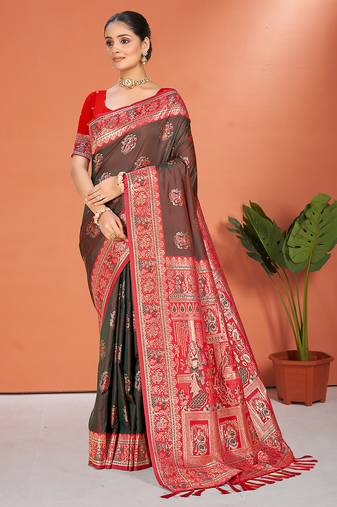 brown   silk woven work traditional saree