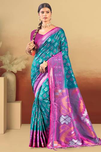 teal blue silk woven work traditional saree