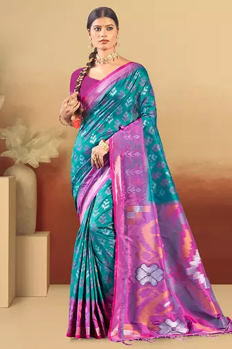 teal blue silk woven work traditional saree