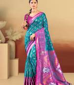 teal blue silk woven work traditional saree
